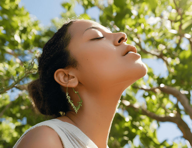 A woman stands under a clear sky, inhaling deeply with eyes closed, surrounded by lush greenery and birdsong, embodying serenity and fresh air