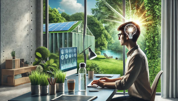 A focused person sits at a modern, eco-friendly workspace with plants and a solar-powered lamp, overlooking a lush green environment.
