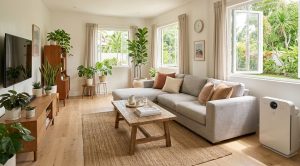 A bright modern living room with sunlight coming through open windows, indoor plants, air purifier in the corner, clean and fresh atmosphere.