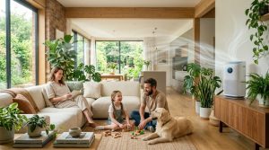 A modern home interior with visible clean airflow, indoor plants, air purifier operating in a bright living room