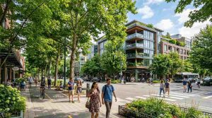 A vibrant urban neighborhood with large green tree canopies, pedestrians walking under shaded streets, modern city buildings mixed with nature.