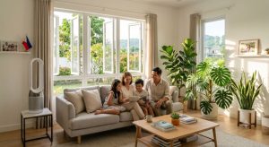 A bright modern living room with open windows, thriving indoor plants