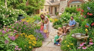 A vibrant residential garden filled with colorful native plants, butterflies, birds, and flowering shrubs, families enjoying a peaceful outdoor space