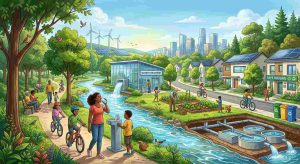 Modern environmental health illustration showing clean drinking water, trees, clean air, safe housing, sanitation systems, recycling, and people enjoying a healthy community environment